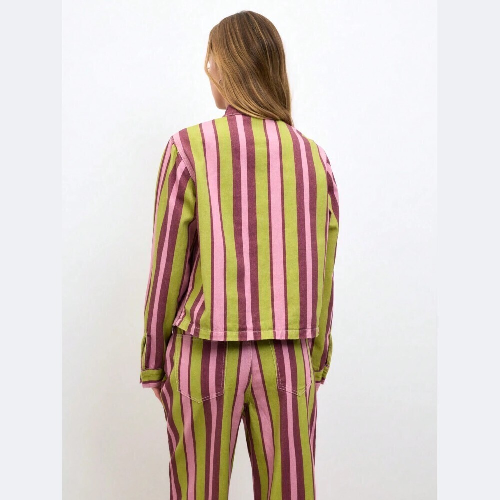Green Pink Striped Frog Button Denim Jacket, Mandarin Collar - Picture 5 of 6